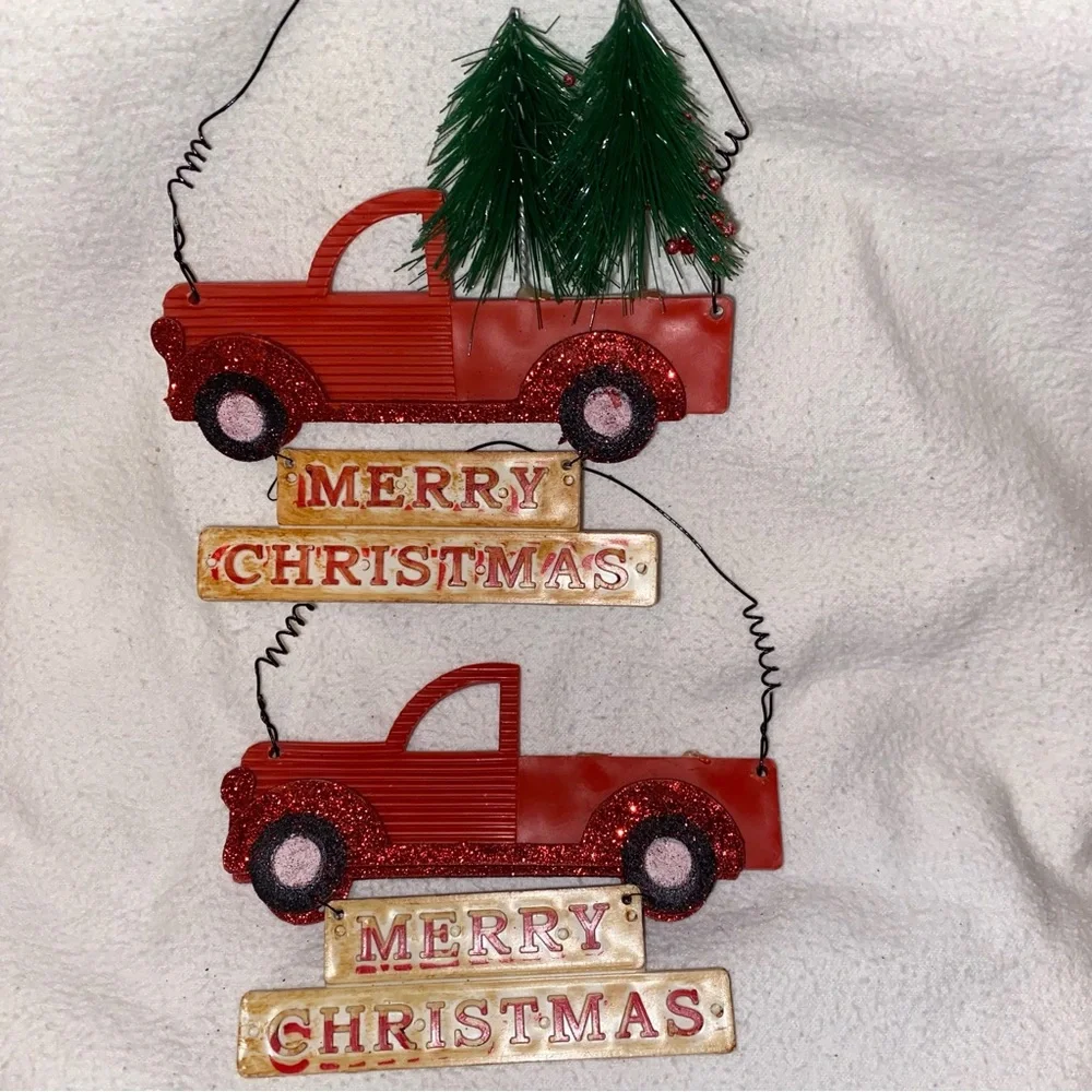 Red Christmas Truck Ornament Set vintage red truck door hanger